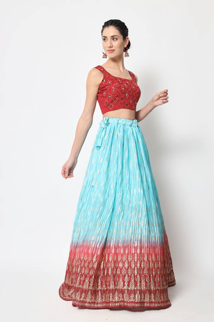 MULTICOLOR FOIL-PRINT WITH EMBROIDERED WORK CHINON CHIFFON SILK FESTIVE & PARTY WEAR SEMI STITCHED LEHENGA
