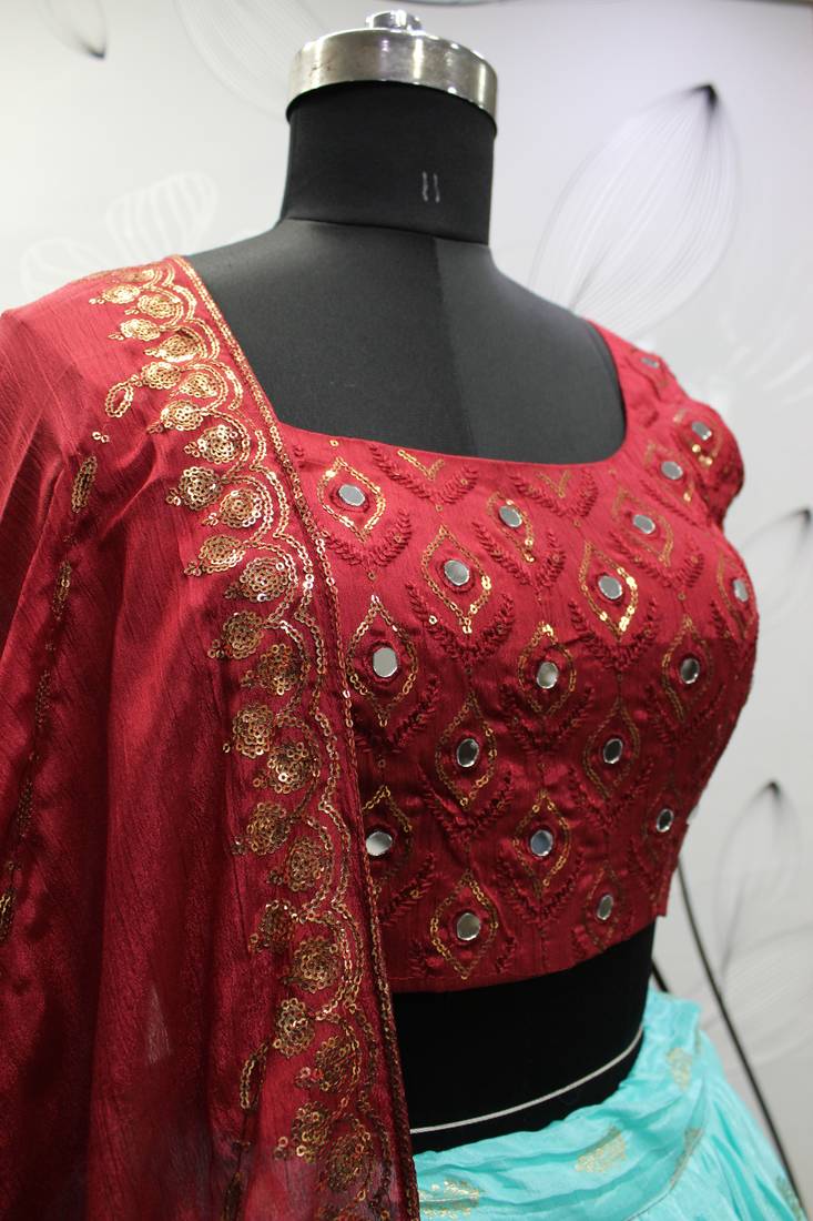 MULTICOLOR FOIL-PRINT WITH EMBROIDERED WORK CHINON CHIFFON SILK FESTIVE & PARTY WEAR SEMI STITCHED LEHENGA