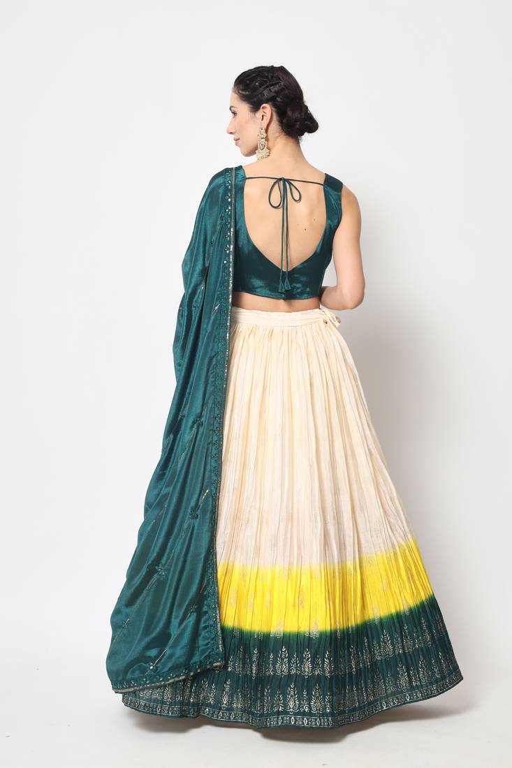 MULTICOLOR FOIL-PRINT WITH EMBROIDERED WORK CHINON CHIFFON SILK FESTIVE & PARTY WEAR SEMI STITCHED LEHENGA