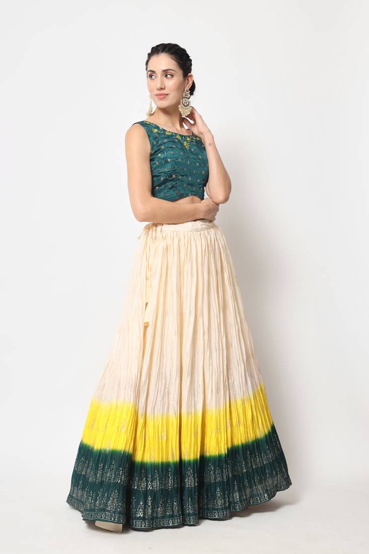 MULTICOLOR FOIL-PRINT WITH EMBROIDERED WORK CHINON CHIFFON SILK FESTIVE & PARTY WEAR SEMI STITCHED LEHENGA