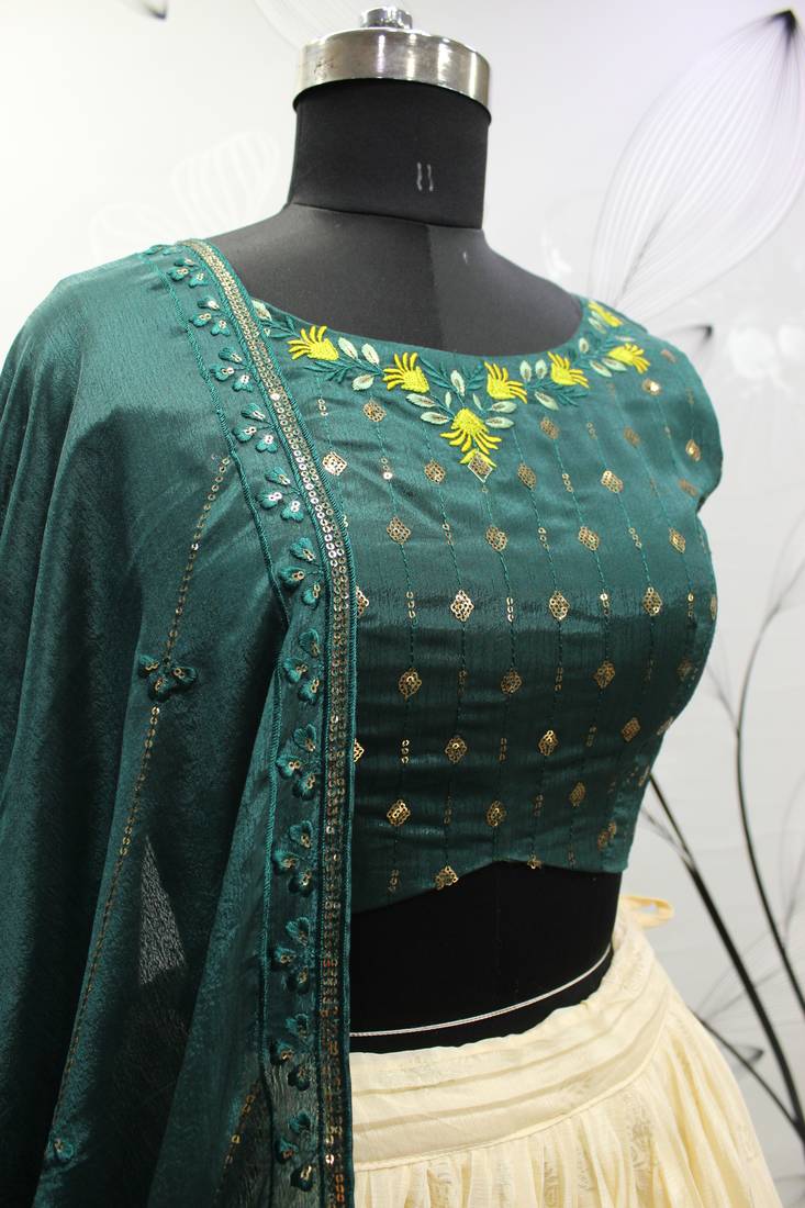 MULTICOLOR FOIL-PRINT WITH EMBROIDERED WORK CHINON CHIFFON SILK FESTIVE & PARTY WEAR SEMI STITCHED LEHENGA