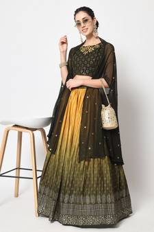 OLIVE GREEN FOIL-PRINT WITH EMBROIDERED WORK CHINON CHIFFON SILK FESTIVE & PARTY WEAR SEMI STITCHED LEHENGA