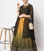 OLIVE GREEN FOIL-PRINT WITH EMBROIDERED WORK CHINON CHIFFON SILK FESTIVE & PARTY WEAR SEMI STITCHED LEHENGA
