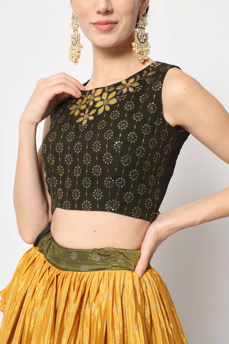 OLIVE GREEN FOIL-PRINT WITH EMBROIDERED WORK CHINON CHIFFON SILK FESTIVE & PARTY WEAR SEMI STITCHED LEHENGA