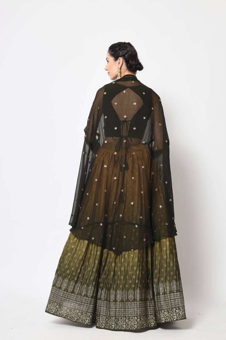 OLIVE GREEN FOIL-PRINT WITH EMBROIDERED WORK CHINON CHIFFON SILK FESTIVE & PARTY WEAR SEMI STITCHED LEHENGA