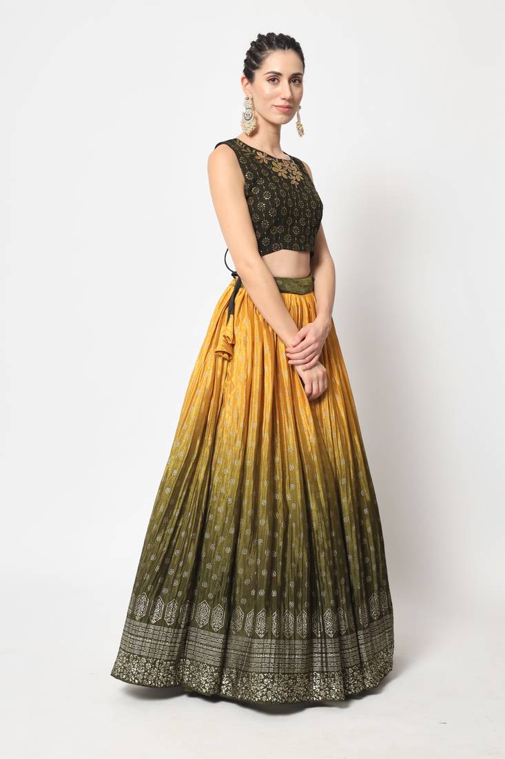OLIVE GREEN FOIL-PRINT WITH EMBROIDERED WORK CHINON CHIFFON SILK FESTIVE & PARTY WEAR SEMI STITCHED LEHENGA