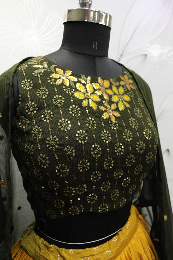 OLIVE GREEN FOIL-PRINT WITH EMBROIDERED WORK CHINON CHIFFON SILK FESTIVE & PARTY WEAR SEMI STITCHED LEHENGA