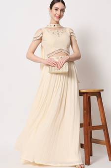 BEIGE CRUSH PATTERN WITH EMBROIDERED WORK GEORGETTE FESTIVE & PARTY WEAR SEMI STITCHED LEHENGA