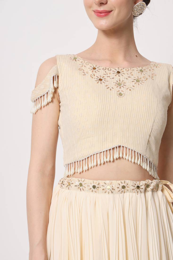 BEIGE CRUSH PATTERN WITH EMBROIDERED WORK GEORGETTE FESTIVE & PARTY WEAR SEMI STITCHED LEHENGA