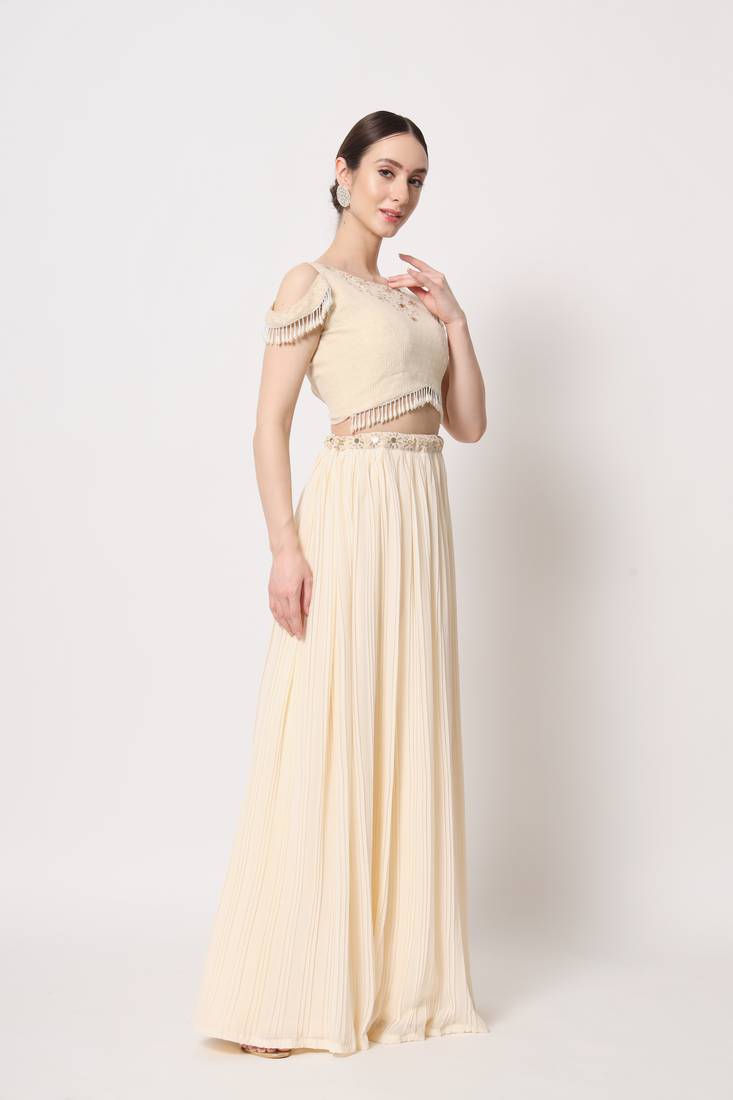 BEIGE CRUSH PATTERN WITH EMBROIDERED WORK GEORGETTE FESTIVE & PARTY WEAR SEMI STITCHED LEHENGA