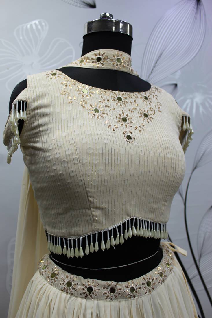 BEIGE CRUSH PATTERN WITH EMBROIDERED WORK GEORGETTE FESTIVE & PARTY WEAR SEMI STITCHED LEHENGA