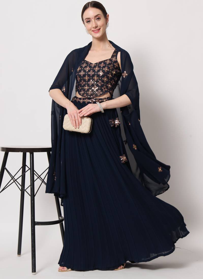 NAVY BLUE CRUSH PATTERN WITH EMBROIDERED WORK GEORGETTE FESTIVE & PARTY  WEAR SEMI STITCHED LEHENGA - SHUBHKALA - 4141538