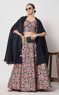 NAVY BLUE PRINT WITH EMBROIDERED WORK CHINON CHIFFON SILK FESTIVE & PARTY WEAR SEMI STITCHED LEHENGA 1