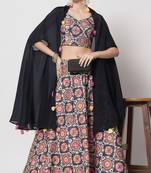 NAVY BLUE PRINT WITH EMBROIDERED WORK CHINON CHIFFON SILK FESTIVE & PARTY WEAR SEMI STITCHED LEHENGA