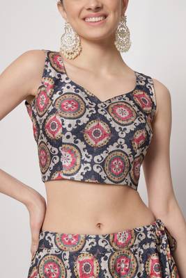 NAVY BLUE PRINT WITH EMBROIDERED WORK CHINON CHIFFON SILK FESTIVE & PARTY WEAR SEMI STITCHED LEHENGA 2