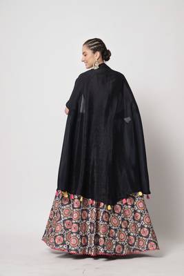 NAVY BLUE PRINT WITH EMBROIDERED WORK CHINON CHIFFON SILK FESTIVE & PARTY WEAR SEMI STITCHED LEHENGA 3