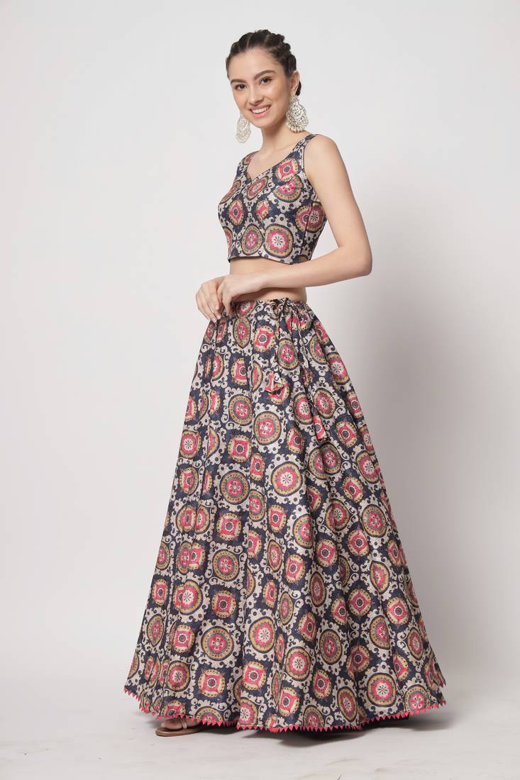 NAVY BLUE PRINT WITH EMBROIDERED WORK CHINON CHIFFON SILK FESTIVE & PARTY WEAR SEMI STITCHED LEHENGA