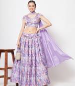 LAVENDER PRINT WITH EMBROIDERED WORK CHINON CHIFFON SILK FESTIVE & PARTY WEAR SEMI STITCHED LEHENGA