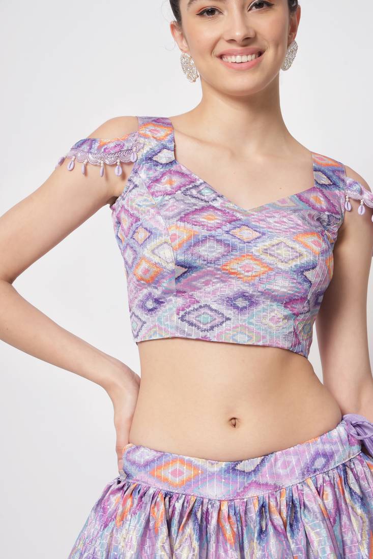 LAVENDER PRINT WITH EMBROIDERED WORK CHINON CHIFFON SILK FESTIVE & PARTY WEAR SEMI STITCHED LEHENGA