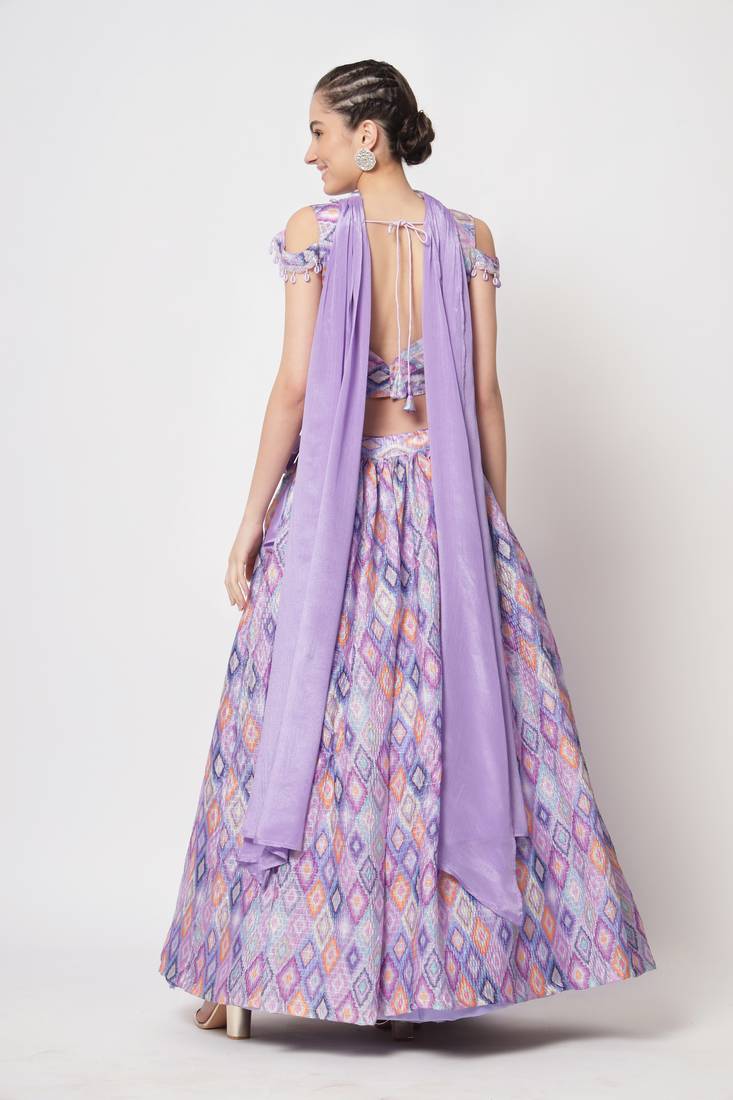 LAVENDER PRINT WITH EMBROIDERED WORK CHINON CHIFFON SILK FESTIVE & PARTY WEAR SEMI STITCHED LEHENGA