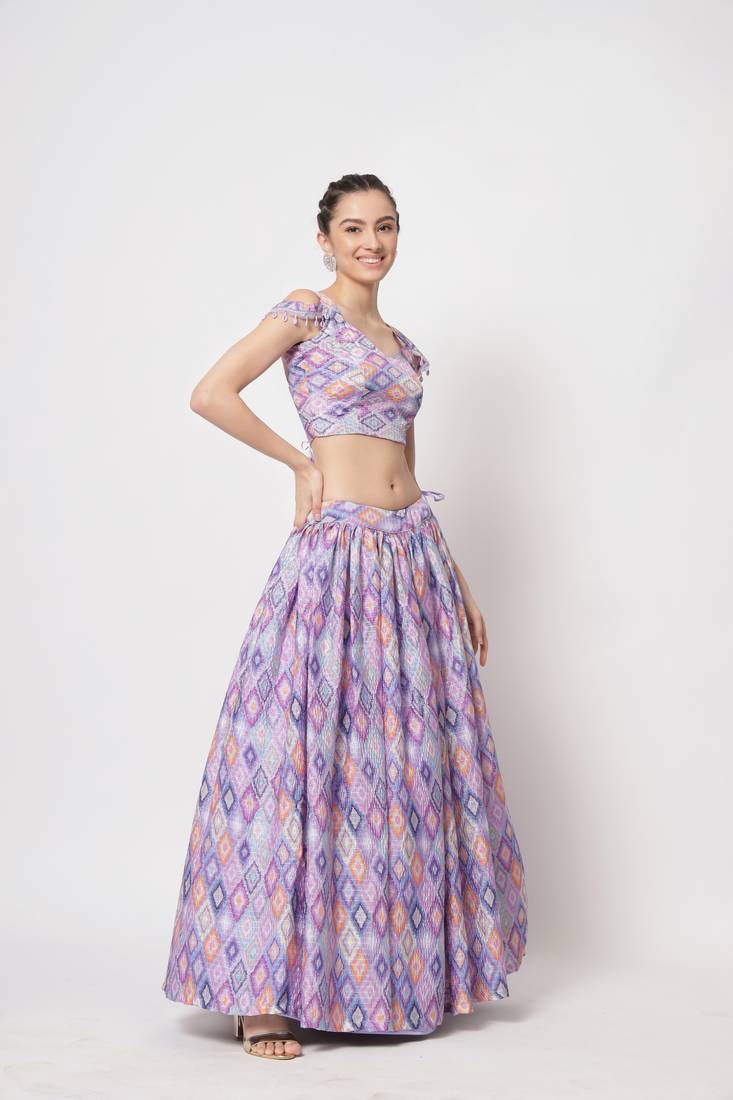 LAVENDER PRINT WITH EMBROIDERED WORK CHINON CHIFFON SILK FESTIVE & PARTY WEAR SEMI STITCHED LEHENGA