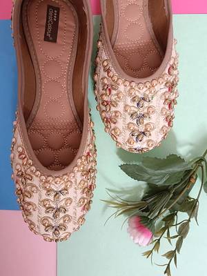 Beige Synthetic Stone Work Punjabi Jutti 1