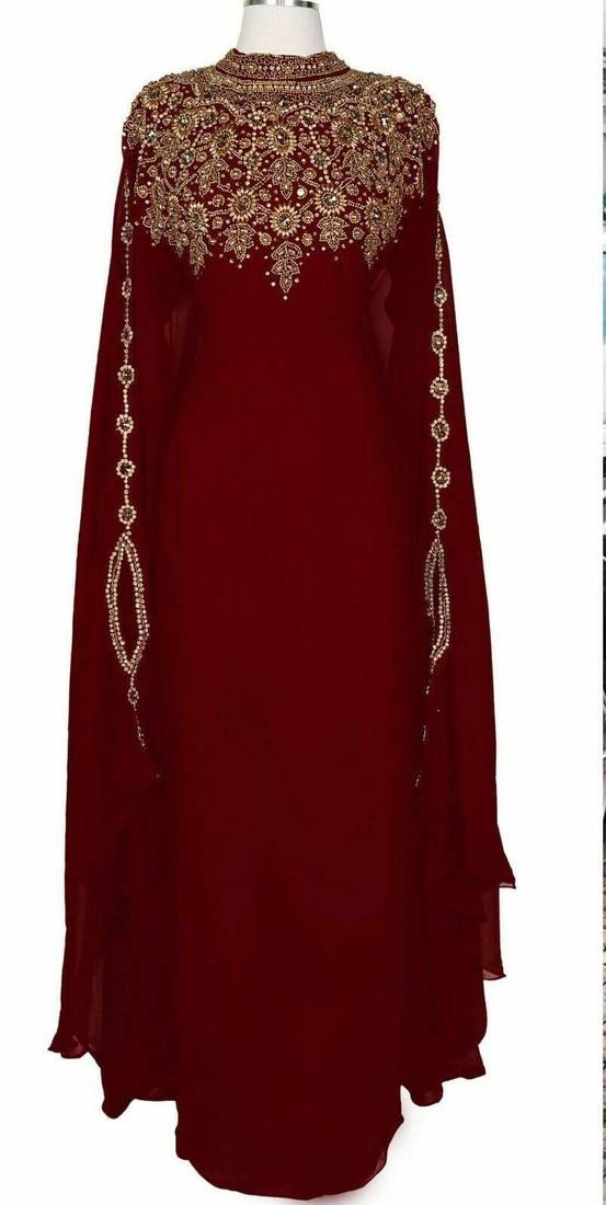 Sale !! Royal Dubai Moroccan Islamic Kaftan Zari Work Abaya Maxi Bell Sleeve Farasha Women Dress Takshita Var