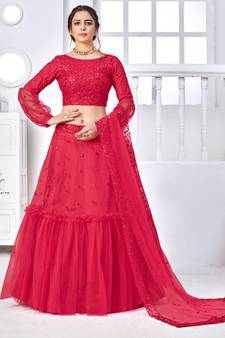 ADORABLE RANI PINK THREAD WITH SEQUINS EMBROIDERED NET PARTY WEAR LEHENGA CHOLI