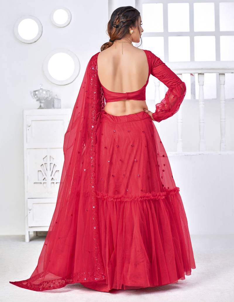 ADORABLE RANI PINK THREAD WITH SEQUINS EMBROIDERED NET PARTY WEAR LEHENGA CHOLI