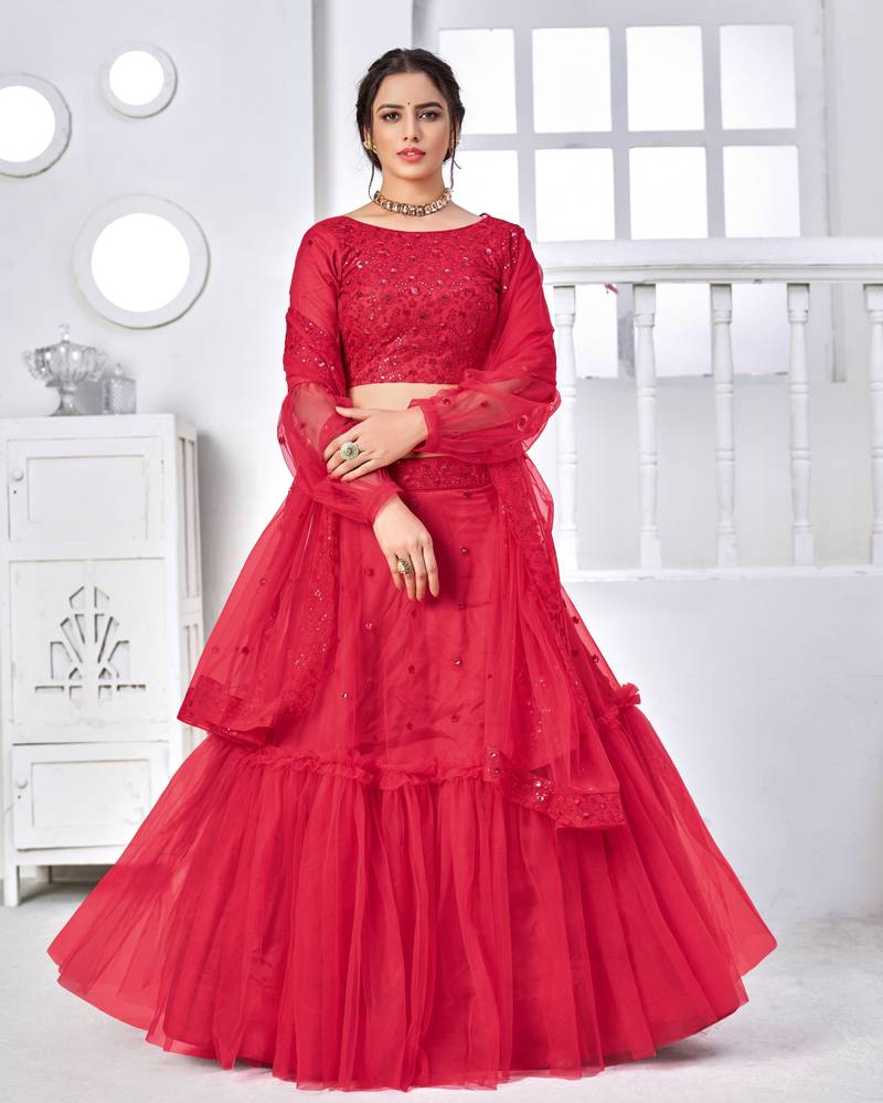 ADORABLE RANI PINK THREAD WITH SEQUINS EMBROIDERED NET PARTY WEAR LEHENGA CHOLI