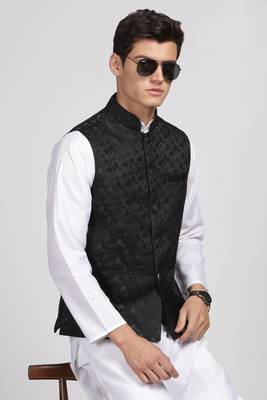 Anny's Culture Black Floral Pattern Polyester Wedding Nehru Jacket (Coti) 6