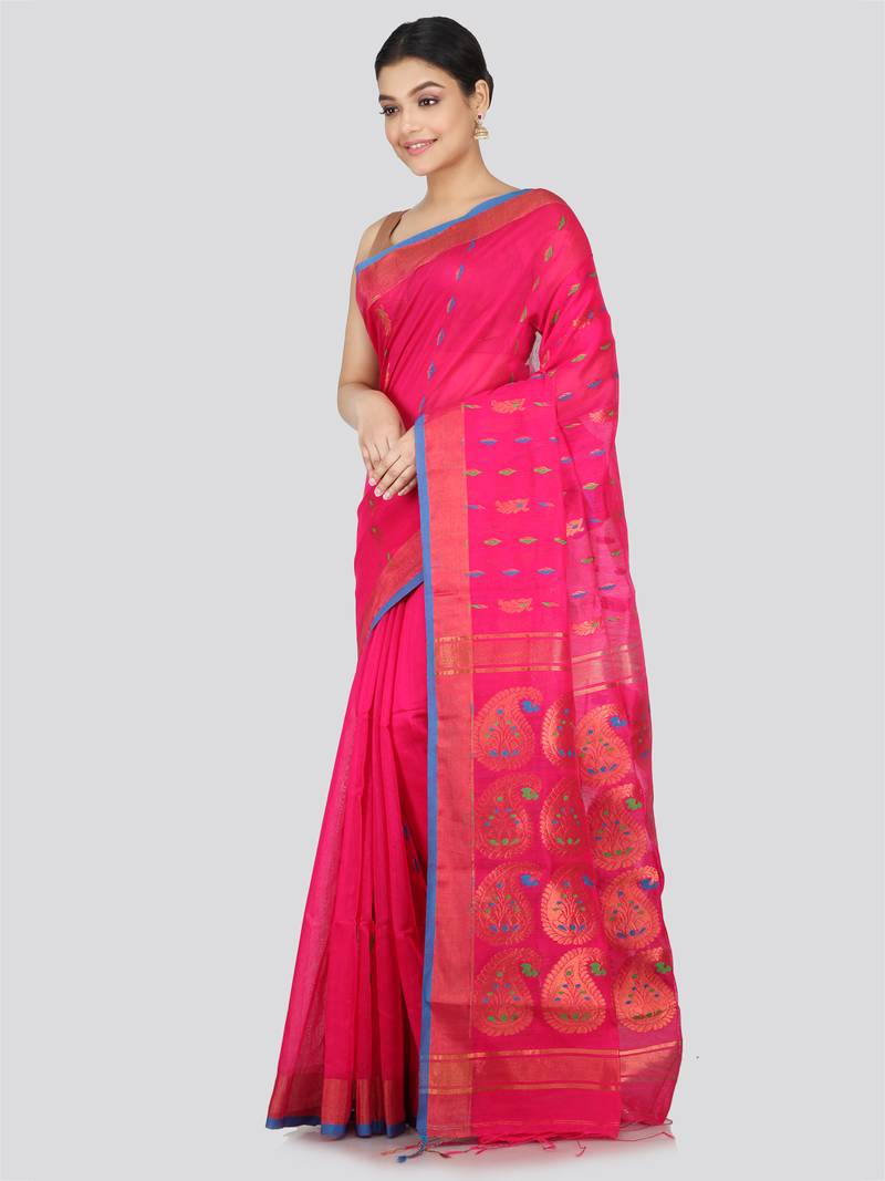 PinkLoom Women's  Pink Hand_Woven Cotton-Silk-Sarees With Unstitched Blouse Piece