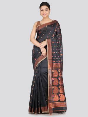 PinkLoom Women's  Grey Hand_Woven Cotton-Silk-Sarees With Unstitched Blouse Piece 1