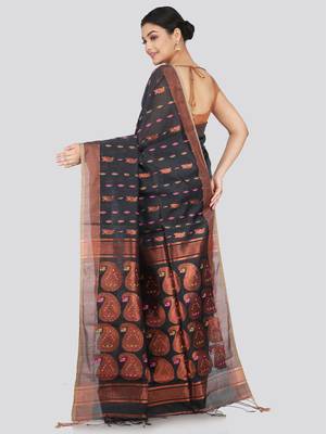 PinkLoom Women's  Grey Hand_Woven Cotton-Silk-Sarees With Unstitched Blouse Piece 2