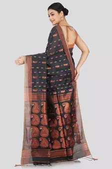 PinkLoom Women's  Grey Hand_Woven Cotton-Silk-Sarees With Unstitched Blouse Piece