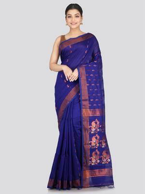 PinkLoom Women's  Blue Hand_Woven Cotton-Silk-Sarees With Unstitched Blouse Piece 1