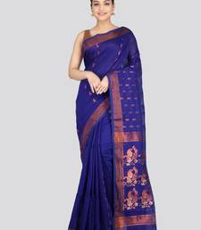 PinkLoom Women's  Blue Hand_Woven Cotton-Silk-Sarees With Unstitched Blouse Piece