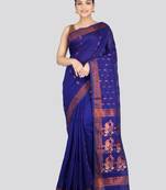 PinkLoom Women's  Blue Hand_Woven Cotton-Silk-Sarees With Unstitched Blouse Piece
