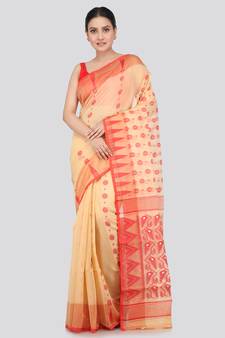 Pinkloom Women'S Beige Hand_Woven Soft Cotton Jamdani-Sarees Without Blouse Piece
