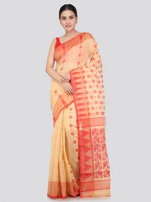 Pinkloom Women'S Beige Hand_Woven Soft Cotton Jamdani-Sarees Without Blouse Piece 1