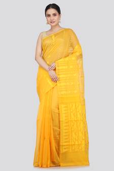 Pinkloom Women'S Yellow Hand_Woven Soft Cotton Jamdani-Sarees Without Blouse Piece