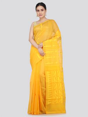 Pinkloom Women'S Yellow Hand_Woven Soft Cotton Jamdani-Sarees Without Blouse Piece 1