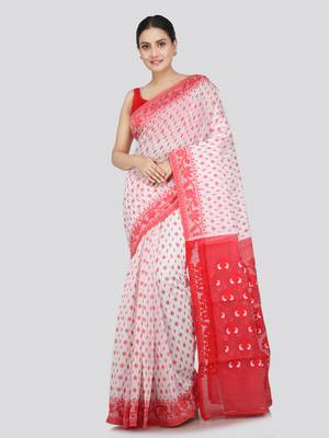 Pinkloom Women'S White Hand_Woven Soft Cotton Jamdani-Sarees Without Blouse Piece 1