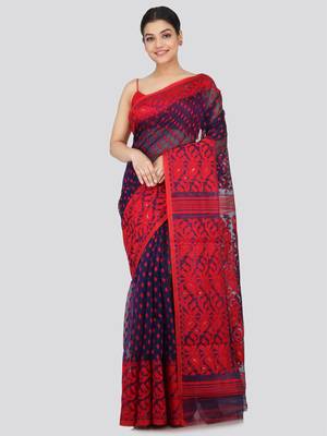Pinkloom Women'S Blue Hand_Woven Soft Cotton Jamdani-Sarees Without Blouse Piece 1
