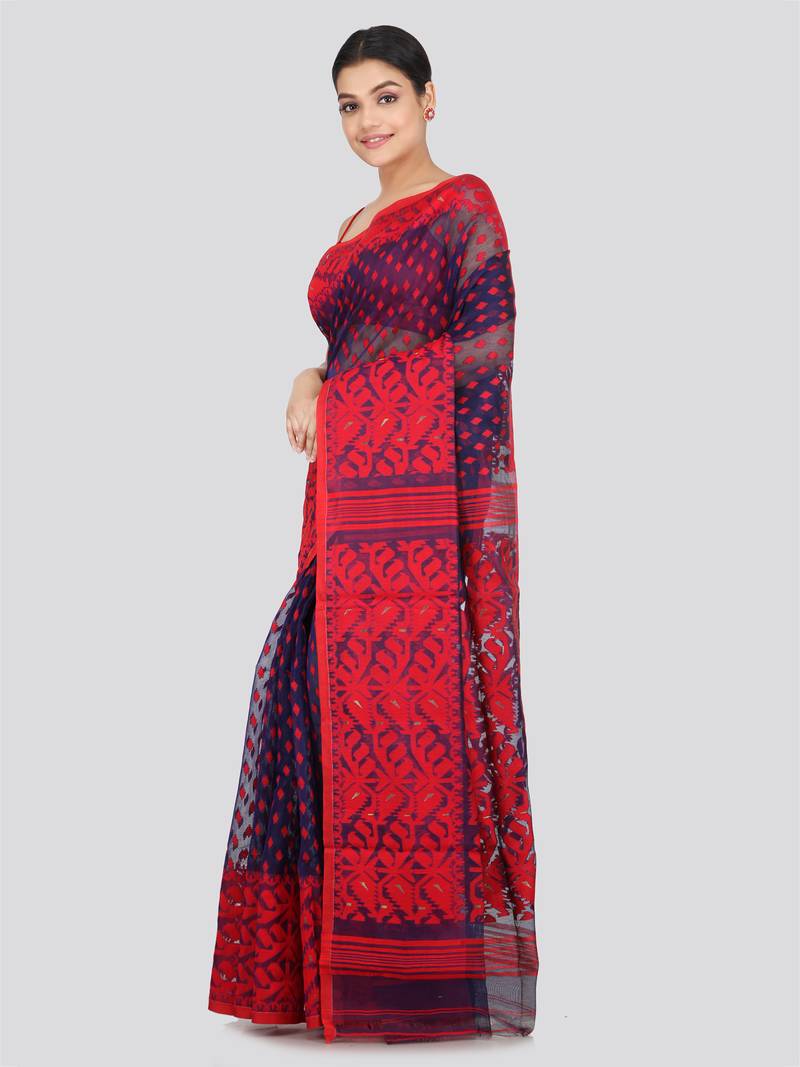 Pinkloom Women'S Blue Hand_Woven Soft Cotton Jamdani-Sarees Without Blouse Piece