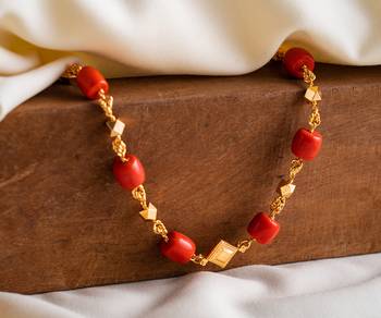  Red coral GSB mangalsutra 28" long one gram gold polished  1