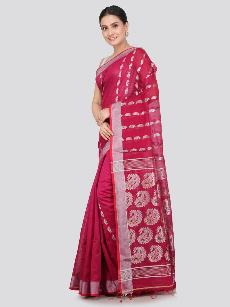 PinkLoom Women's  Pink Hand_Woven Cotton-Silk-Sarees With Unstitched Blouse Piece
