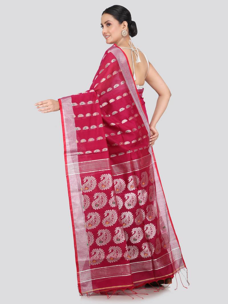 PinkLoom Women's  Pink Hand_Woven Cotton-Silk-Sarees With Unstitched Blouse Piece