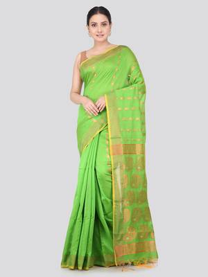 PinkLoom Women's  Green Hand_Woven Cotton-Silk-Sarees With Unstitched Blouse Piece 1