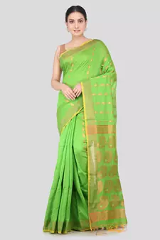 PinkLoom Women's  Green Hand_Woven Cotton-Silk-Sarees With Unstitched Blouse Piece